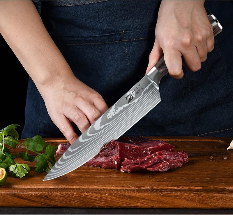 Dfito Chef Knife Sets with Roll Bag, 9 Pieces Professional Knife Set, High Carbon Stainless Steel Kitchen Chef Knife Set, Red Pakkawood Handle, Dishwasher Safe - Image 5